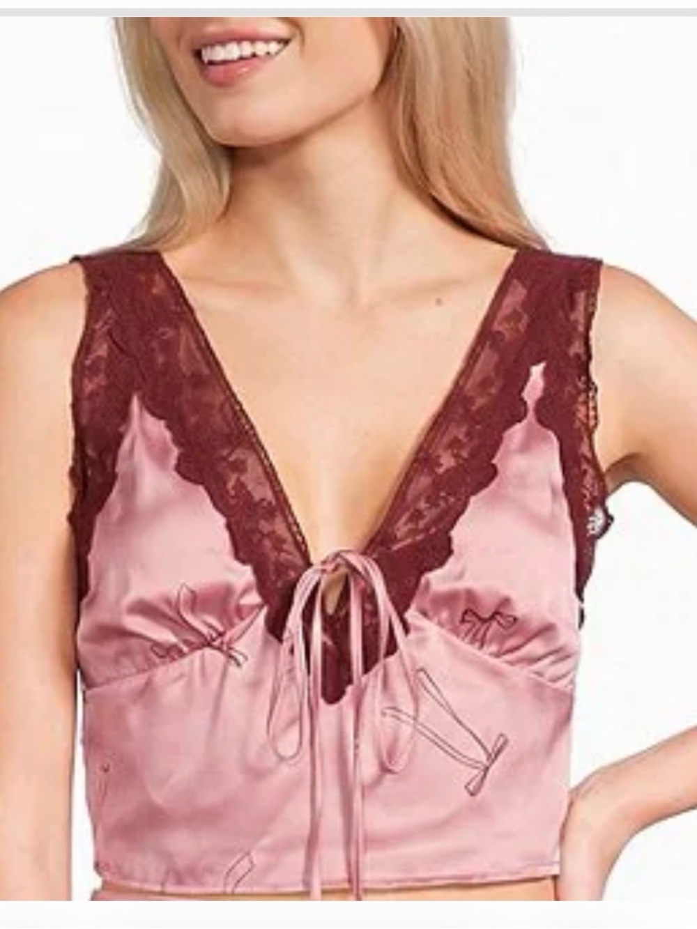 Pink Satin Lace-Trim Lace-Up Bandeau Top
